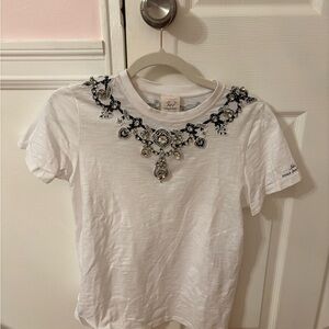 cinq a sept White Short Sleeve Tee with Jeweled Embellished Neckline